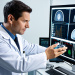 A professional biomedical engineer, fully clothed in a modest lab coat over a professional dress shirt, meticulously interacting with an advanced haptic feedback surgical simulator in a clean, modern research laboratory. Their hands are precisely manipulating robotic controls, demonstrating intricate tactile feedback. The scene is bathed in soft, professional studio lighting, emphasizing the high-tech equipment and the engineer's focused expression. The image should feature perfect anatomy, correct proportions, natural pose, well-formed hands, proper finger count, and natural body proportions. This is a safe for work, appropriate content, and family-friendly image, showcasing cutting-edge medical technology.