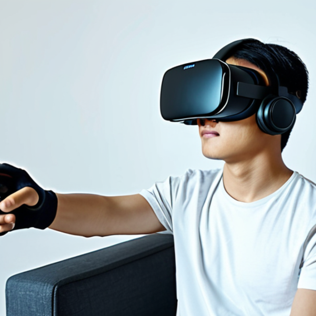 A young adult Vietnamese man, fully clothed in a comfortable t-shirt and jeans, deeply engrossed in a virtual reality gaming experience. He is wearing a sleek, modern VR headset and haptic gloves, with subtle digital light reflecting on his face. The background is a contemporary, well-lit gaming room with minimalist design elements. He is in a natural pose, focused intently on the game, experiencing realistic tactile feedback. This image showcases a family-friendly, immersive gaming moment. safe for work, appropriate content, fully clothed, perfect anatomy, correct proportions, well-formed hands, proper finger count, natural body proportions, professional photography, high quality.