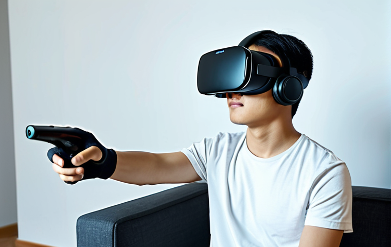A young adult Vietnamese man, fully clothed in a comfortable t-shirt and jeans, deeply engrossed in a virtual reality gaming experience. He is wearing a sleek, modern VR headset and haptic gloves, with subtle digital light reflecting on his face. The background is a contemporary, well-lit gaming room with minimalist design elements. He is in a natural pose, focused intently on the game, experiencing realistic tactile feedback. This image showcases a family-friendly, immersive gaming moment. safe for work, appropriate content, fully clothed, perfect anatomy, correct proportions, well-formed hands, proper finger count, natural body proportions, professional photography, high quality.