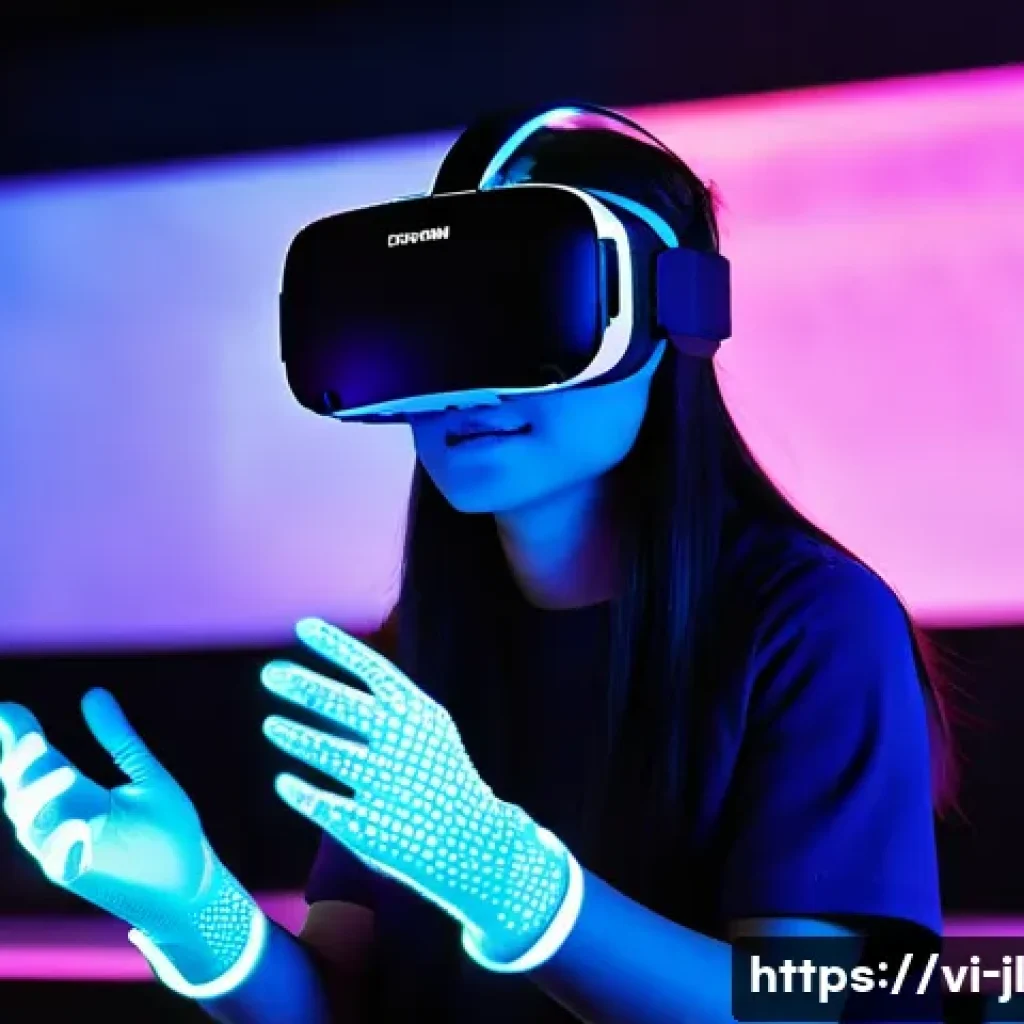 햅틱 기술의 적용범위 확장 사례 - **Prompt 1: Immersive Futuristic Gaming**
A young adult, perhaps a teenager, with an excited and...