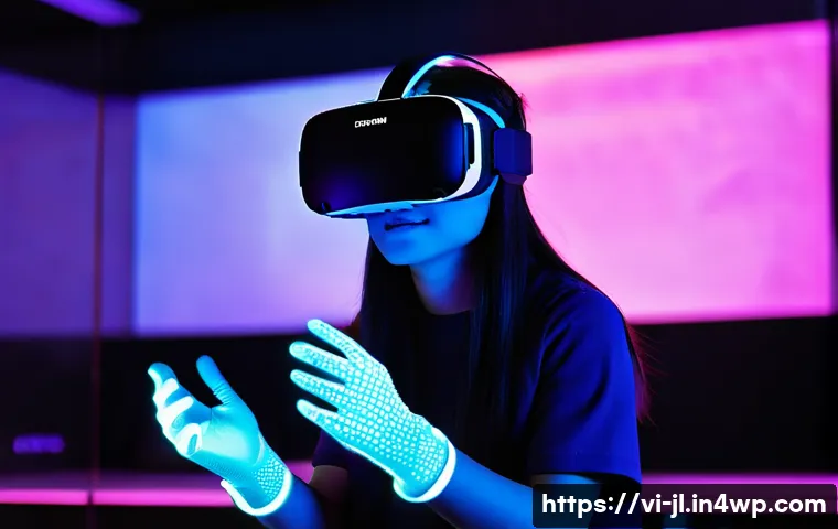 햅틱 기술의 적용범위 확장 사례 - **Prompt 1: Immersive Futuristic Gaming**
A young adult, perhaps a teenager, with an excited and...