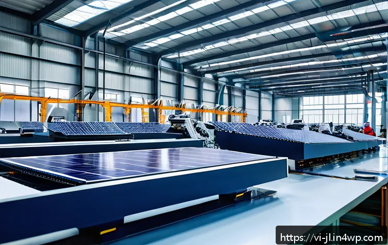 햅틱 기술의 환경적 영향 - A futuristic Vietnamese factory interior powered by renewable energy sources like solar panels and w...