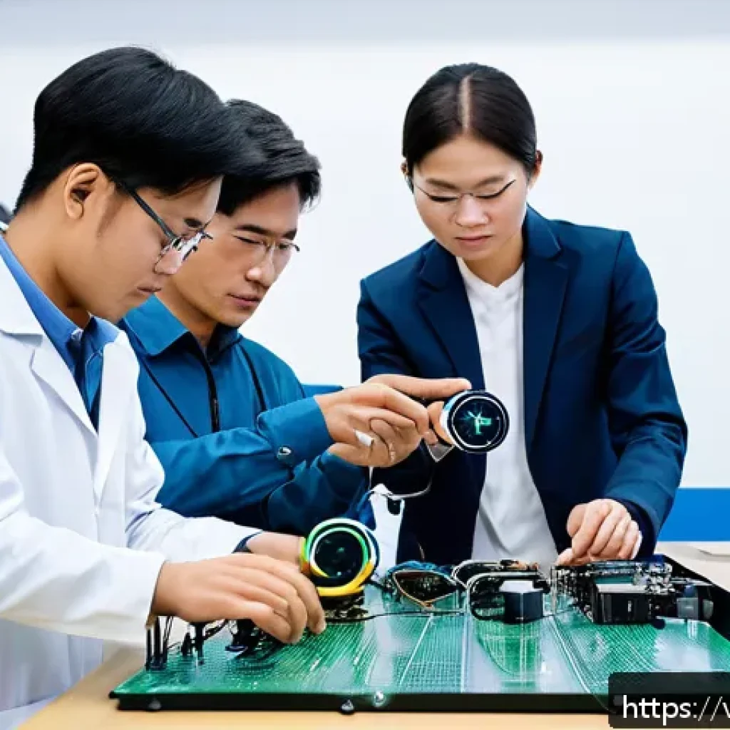 햅틱 인터페이스 성능 테스트 방법 - A modern laboratory scene showing a diverse team of Vietnamese engineers and researchers testing a s...