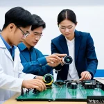Home 23 햅틱 인터페이스 성능 테스트 방법 - A modern laboratory scene showing a diverse team of Vietnamese engineers and researchers testing a s...
