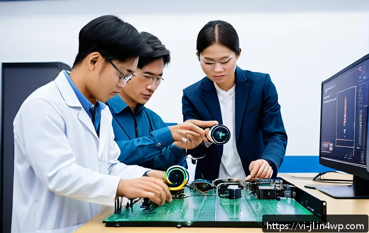 햅틱 인터페이스 성능 테스트 방법 - A modern laboratory scene showing a diverse team of Vietnamese engineers and researchers testing a s...