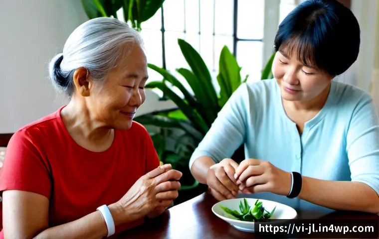 Home 17 햅틱 기술을 통한 새로운 소통 방식 - Photorealistic close-up of a Vietnamese grandmother and her adult granddaughter seated at a sunlit l...